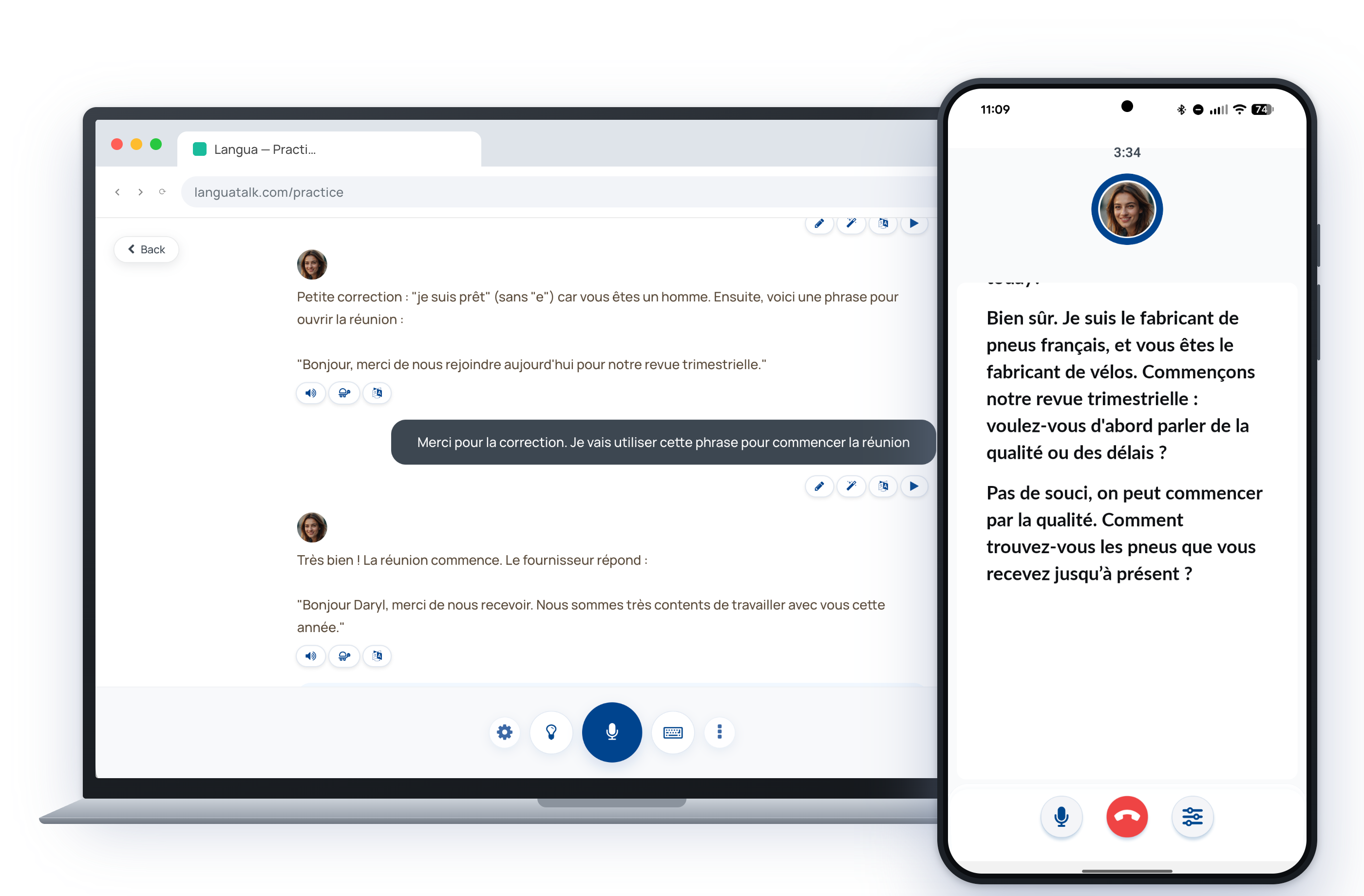 Langua practice on desktop and phone — a French supplier-call roleplay with corrections, next to a hands-free Call Mode session