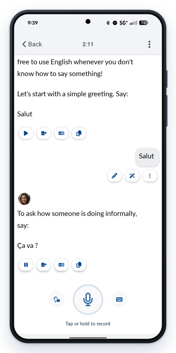 A guided lesson in the Langua app, prompting the learner to say a phrase out loud