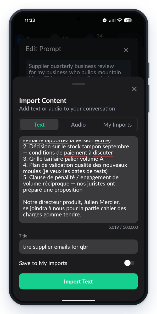 The same audio import in the Langua app's dark theme, attaching a supplier call to a practice prompt