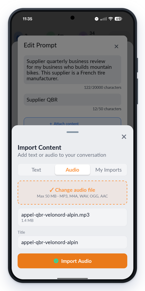 Importing a recording of a supplier call into Langua, to prepare for a quarterly business review in French